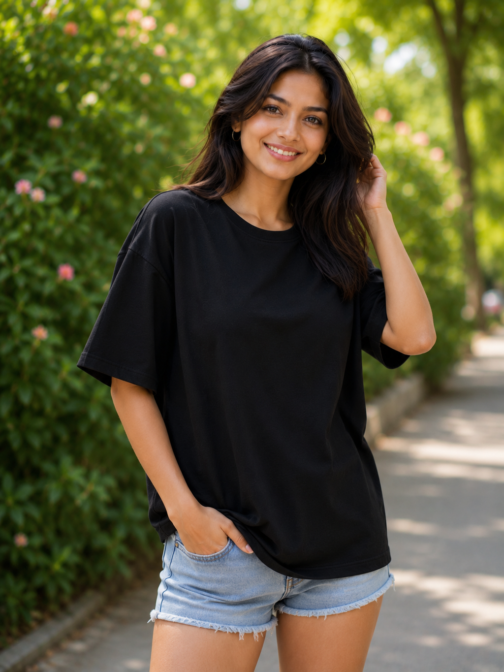 Plain Half Neck Black T-Shirt for Women
