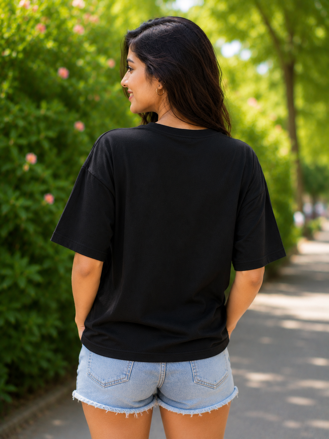 Plain Half Neck Black T-Shirt for Women