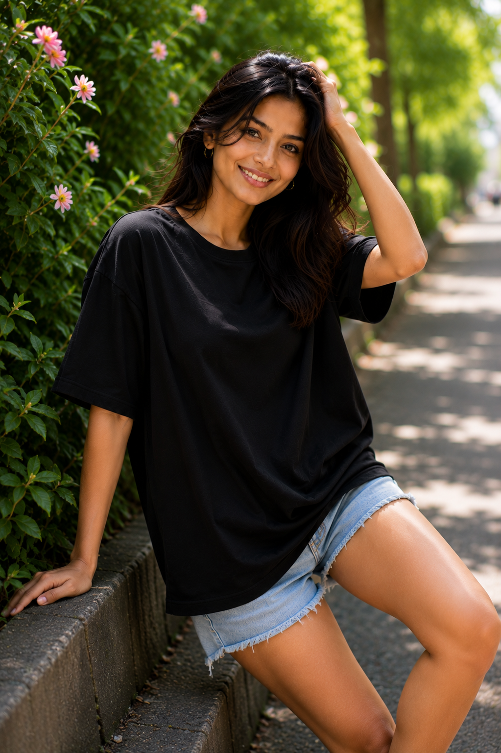 Plain Half Neck Black T-Shirt for Women