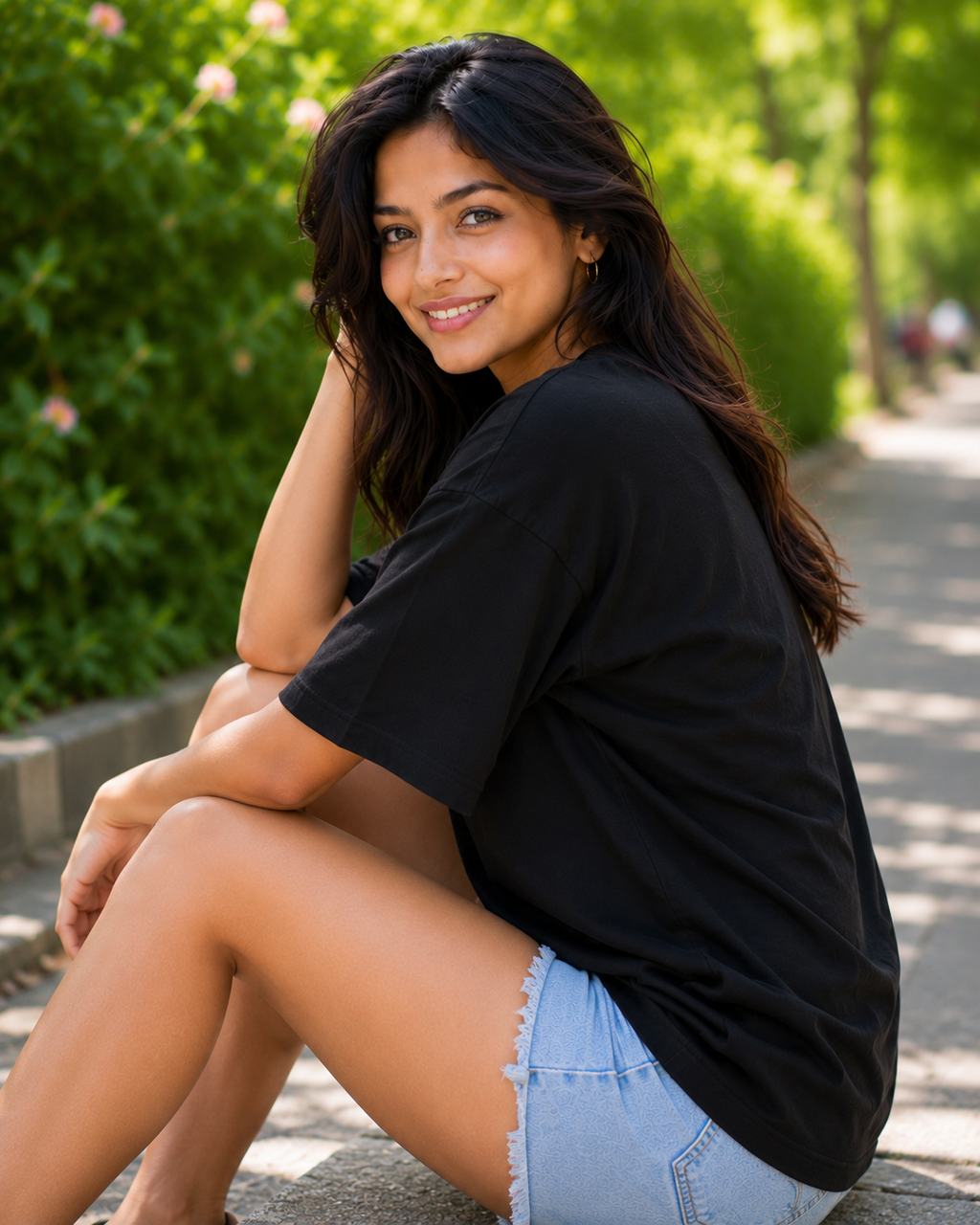 Plain Half Neck Black T-Shirt for Women