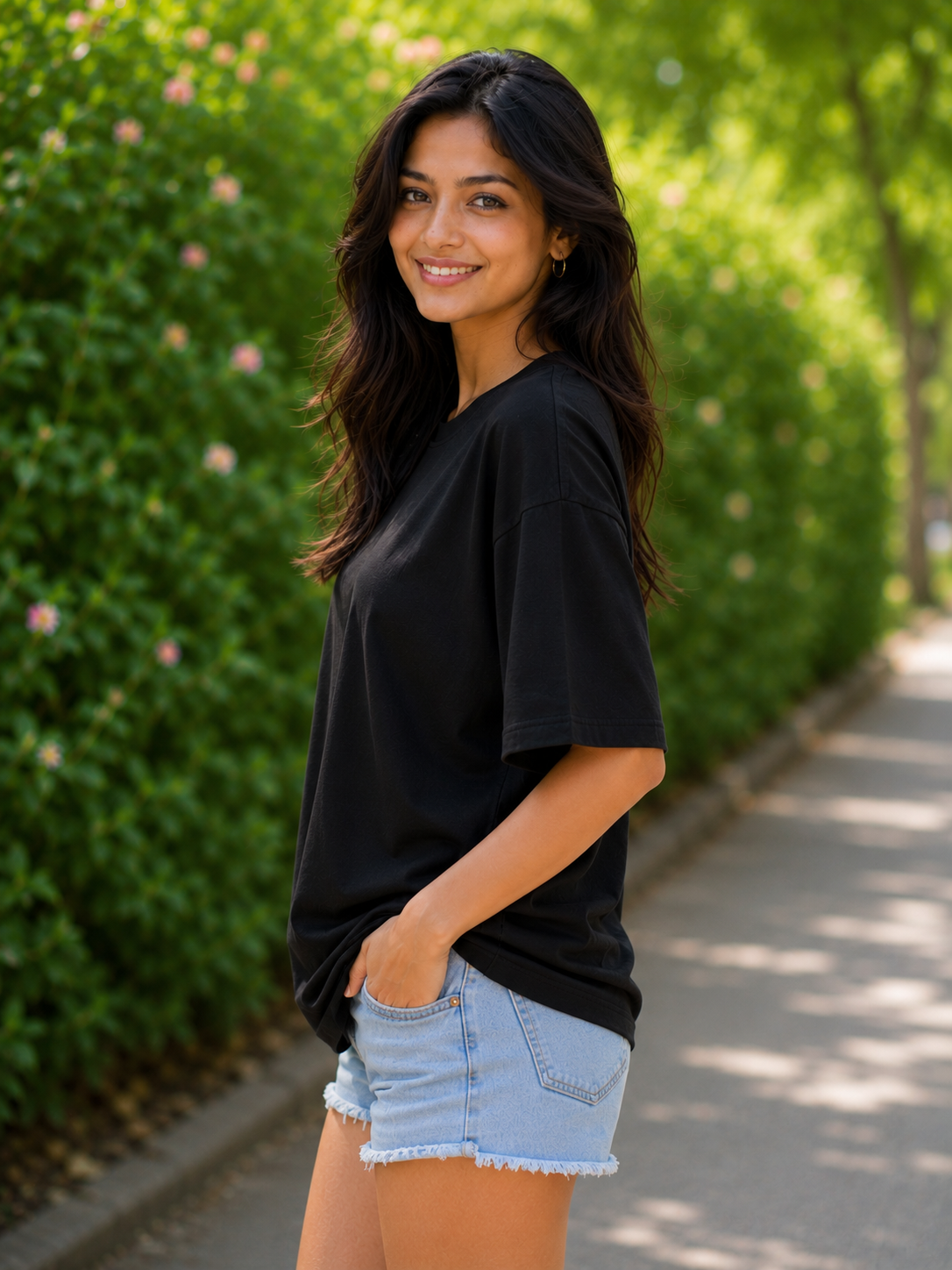 Plain Half Neck Black T-Shirt for Women