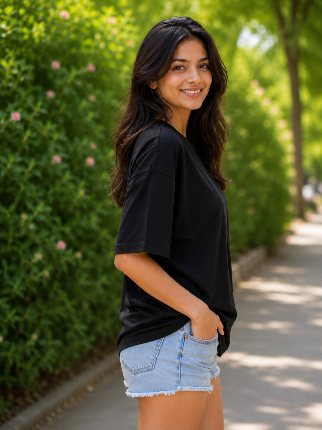 Plain Half Neck Black T-Shirt for Women