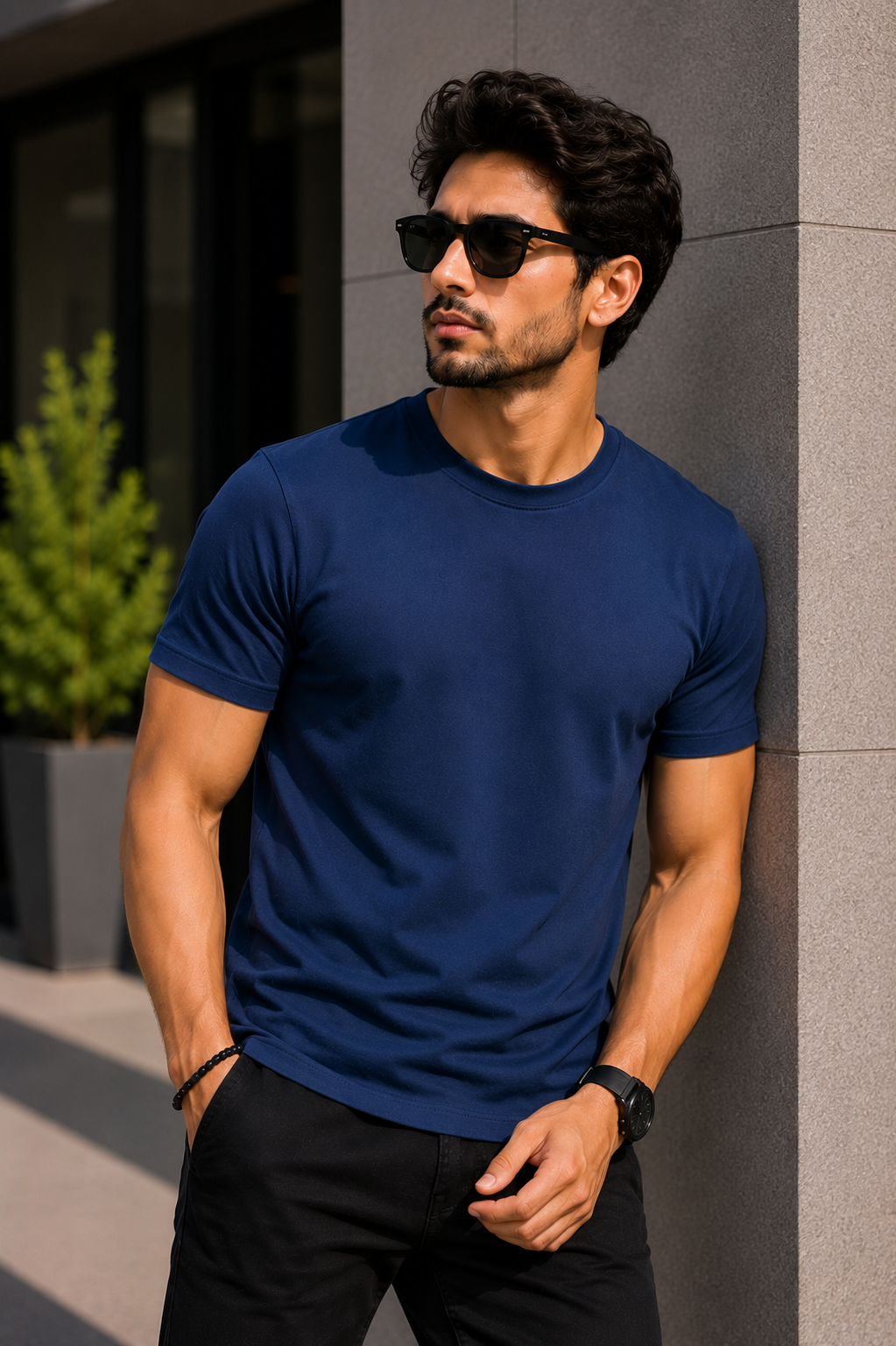 Plain Half Neck T-Shirt for Men Navy Blue