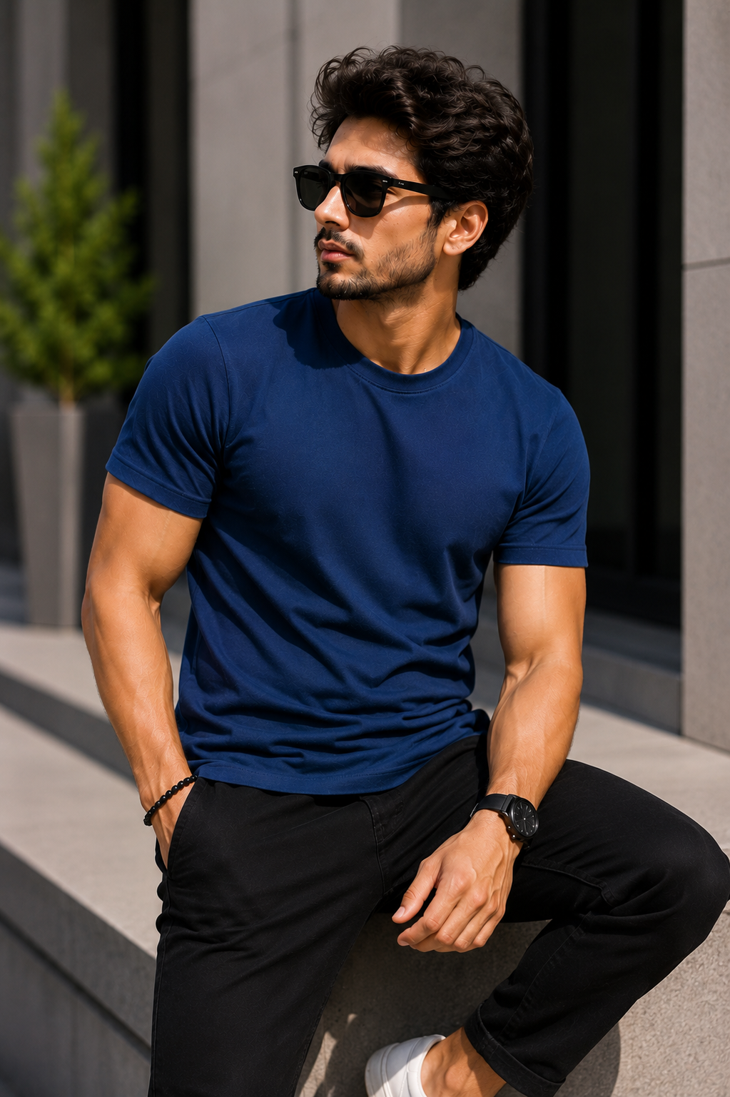 Plain Half Neck T-Shirt for Men Navy Blue