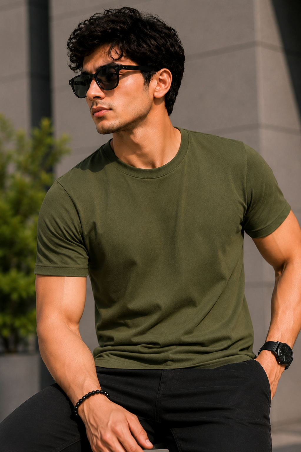 Plain Half Neck T-Shirt for Men Olive Green