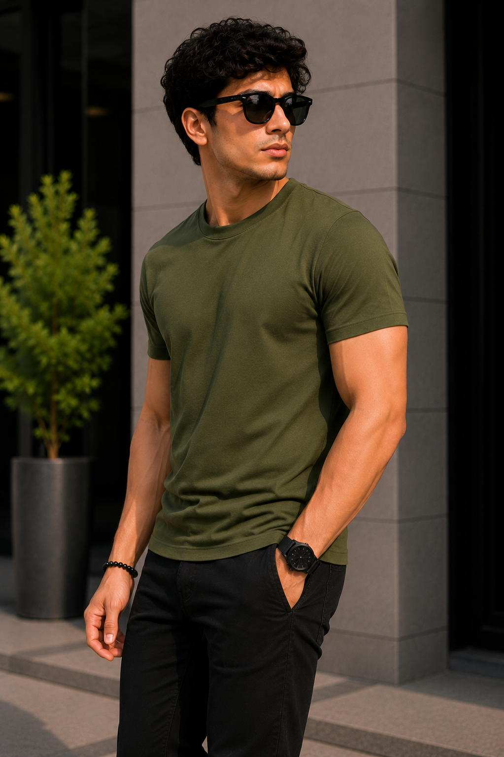 Plain Half Neck T-Shirt for Men Olive Green