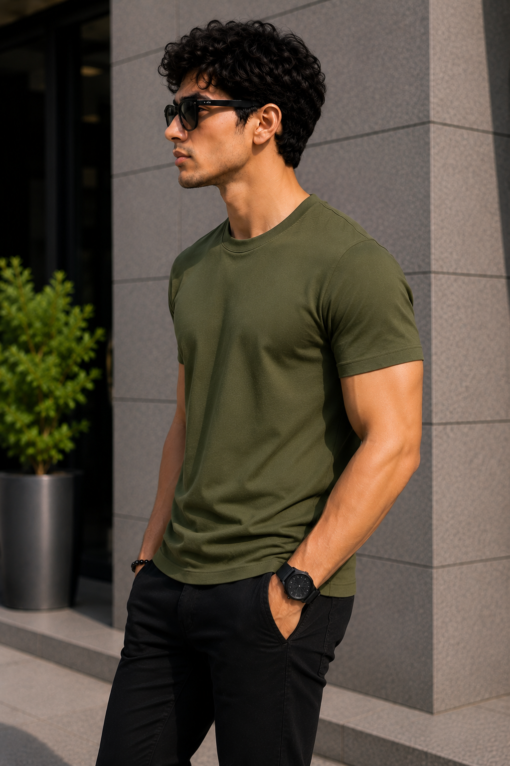 Plain Half Neck T-Shirt for Men Olive Green
