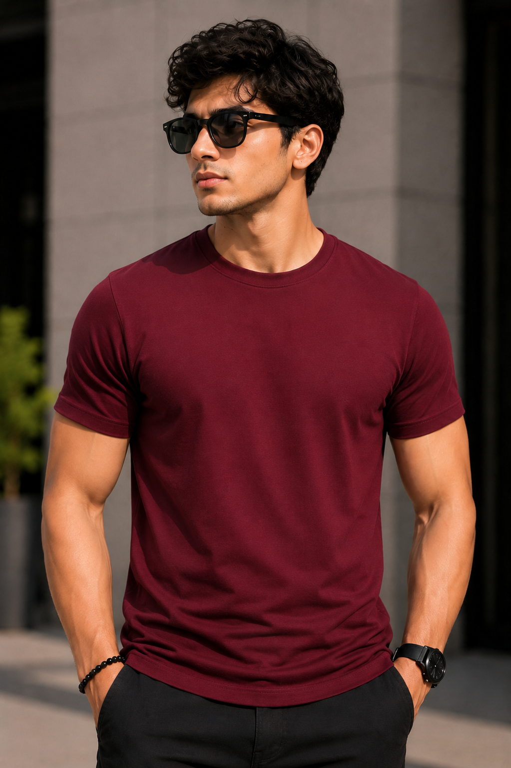 Plain Half Neck T-Shirt for Men Maroon