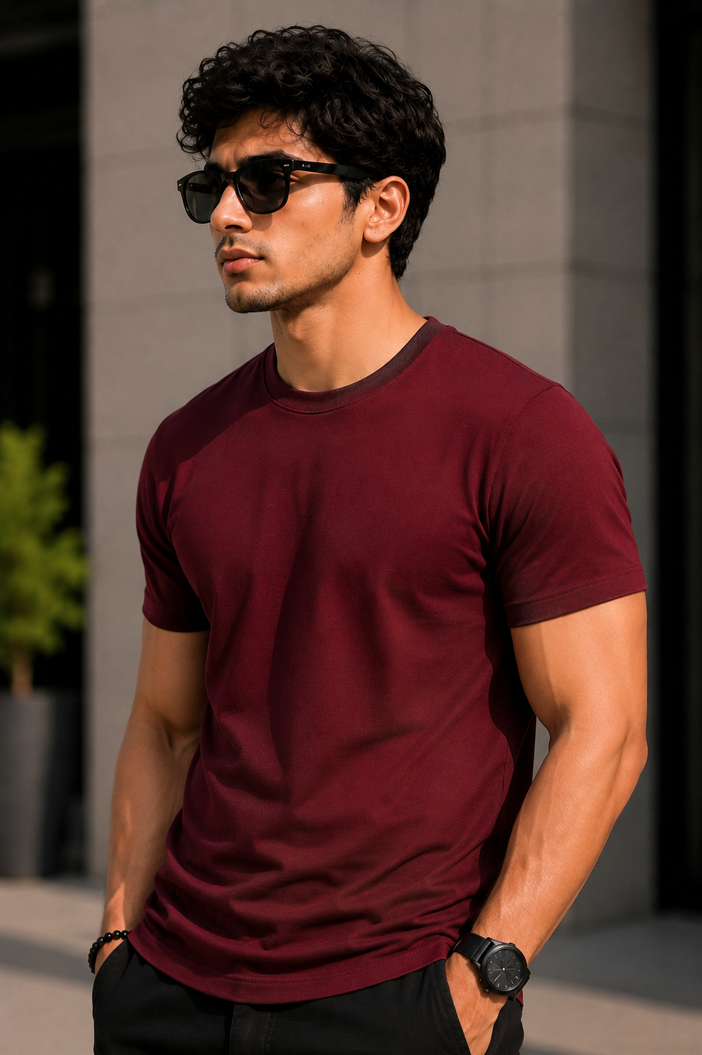 Plain Half Neck T-Shirt for Men Maroon