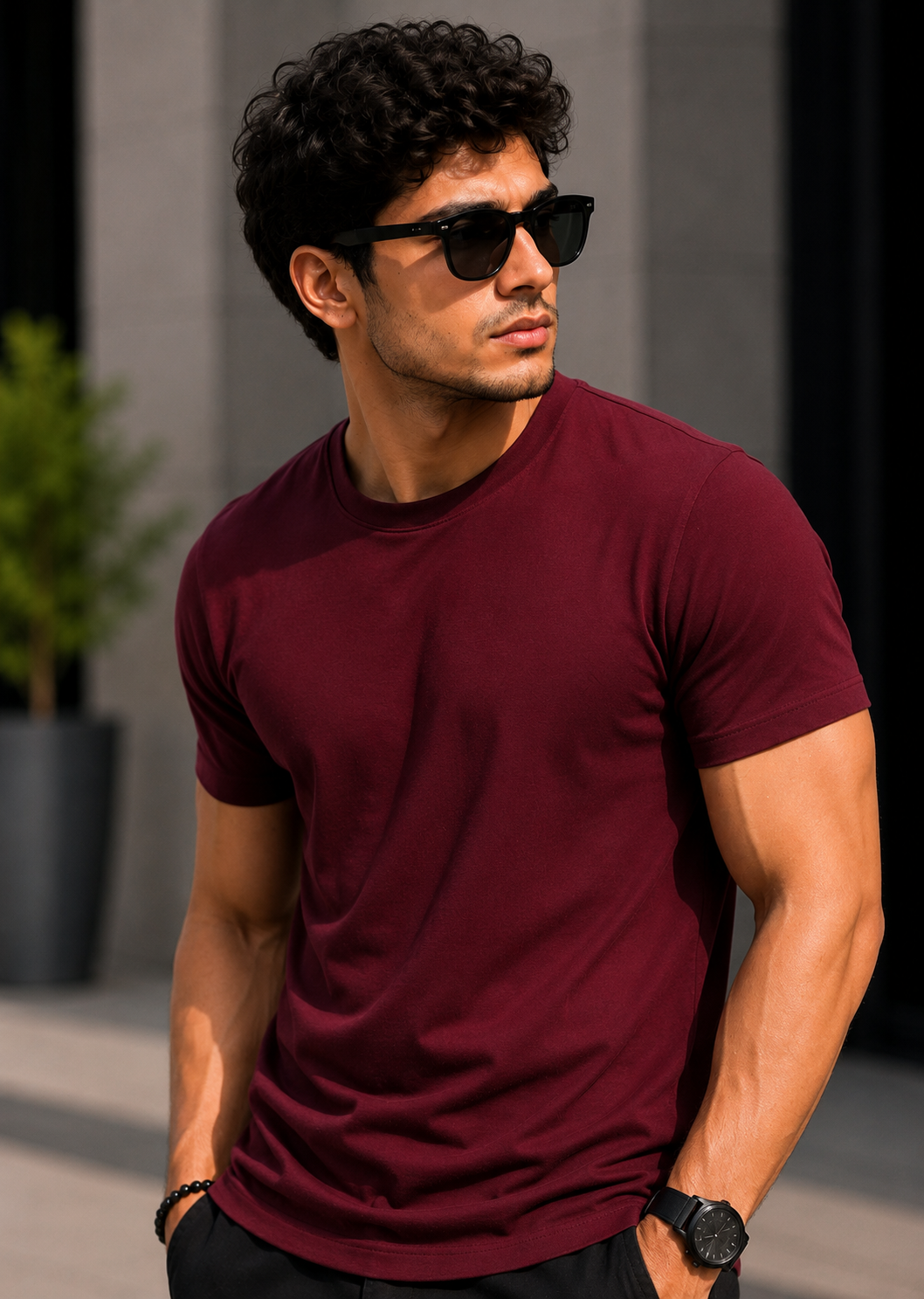 Plain Half Neck T-Shirt for Men Maroon