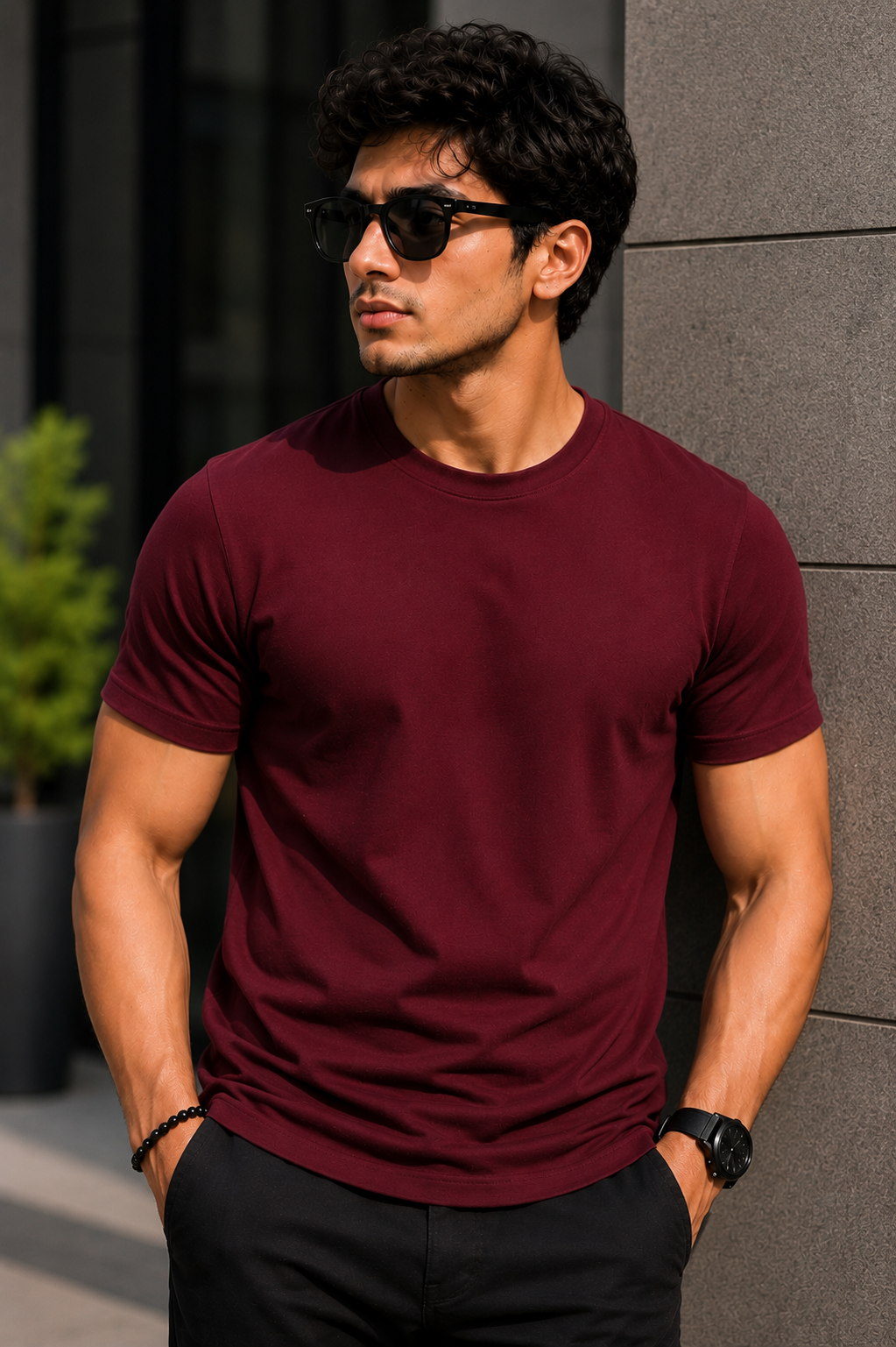 Plain Half Neck T-Shirt for Men Maroon