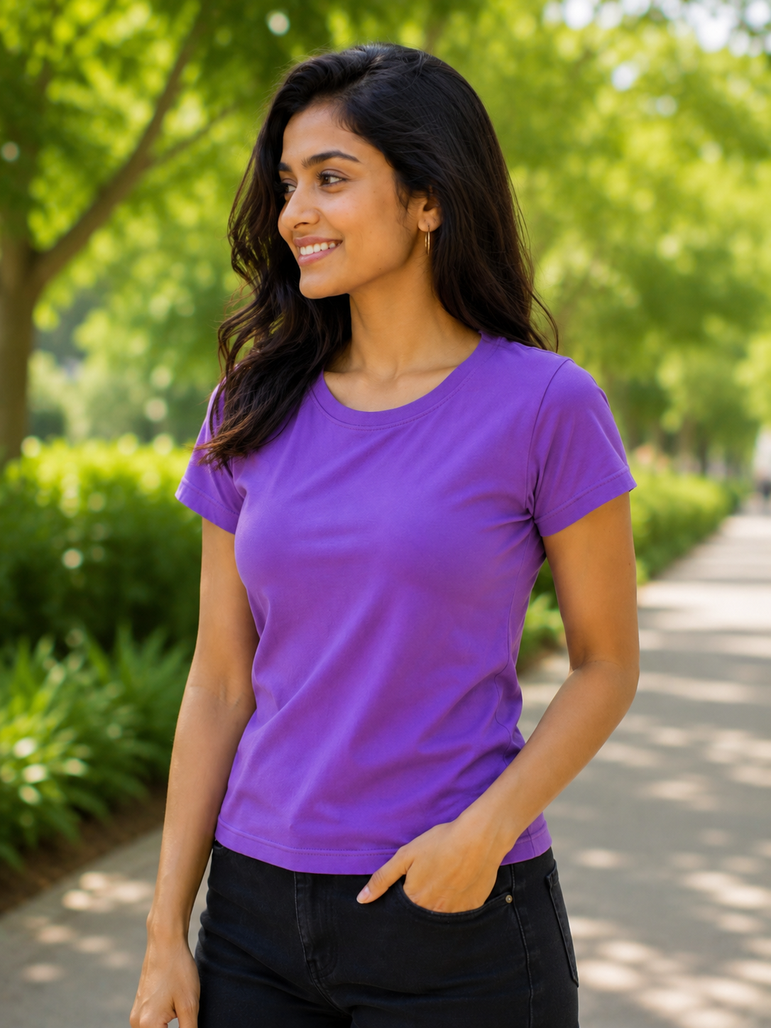 Plain Half Neck Purple T-Shirt for Women