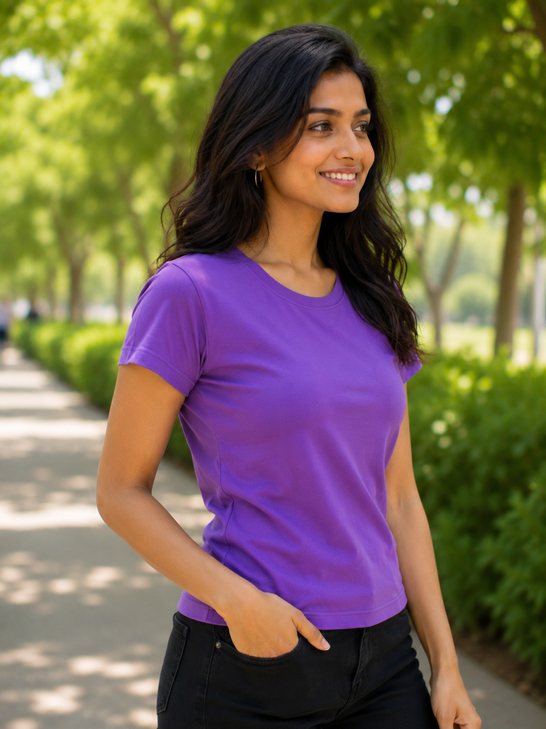 Plain Half Neck Purple T-Shirt for Women