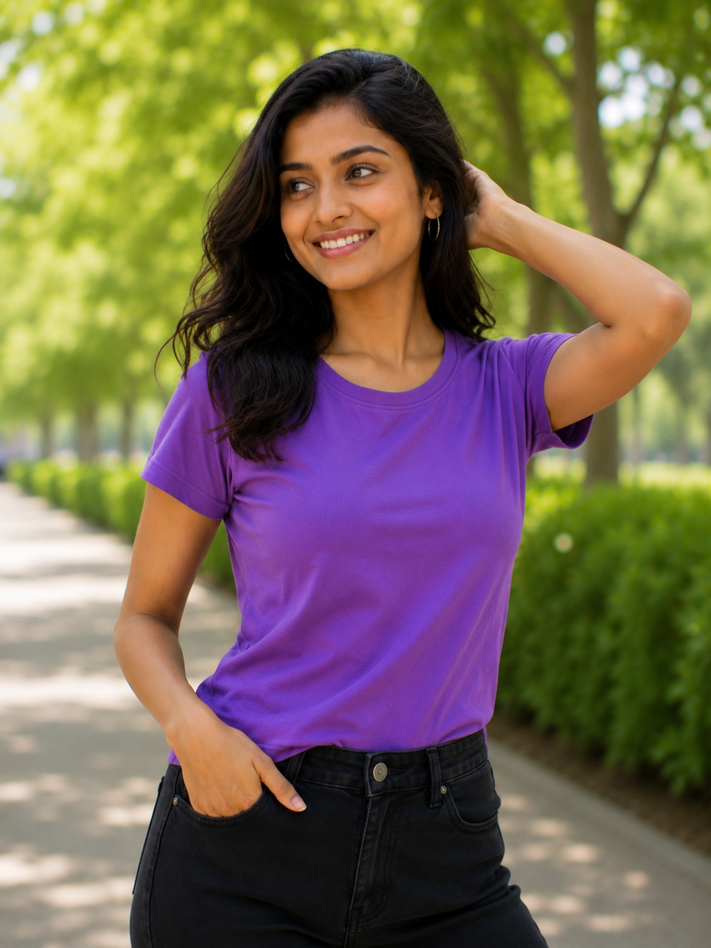 Plain Half Neck Purple T-Shirt for Women