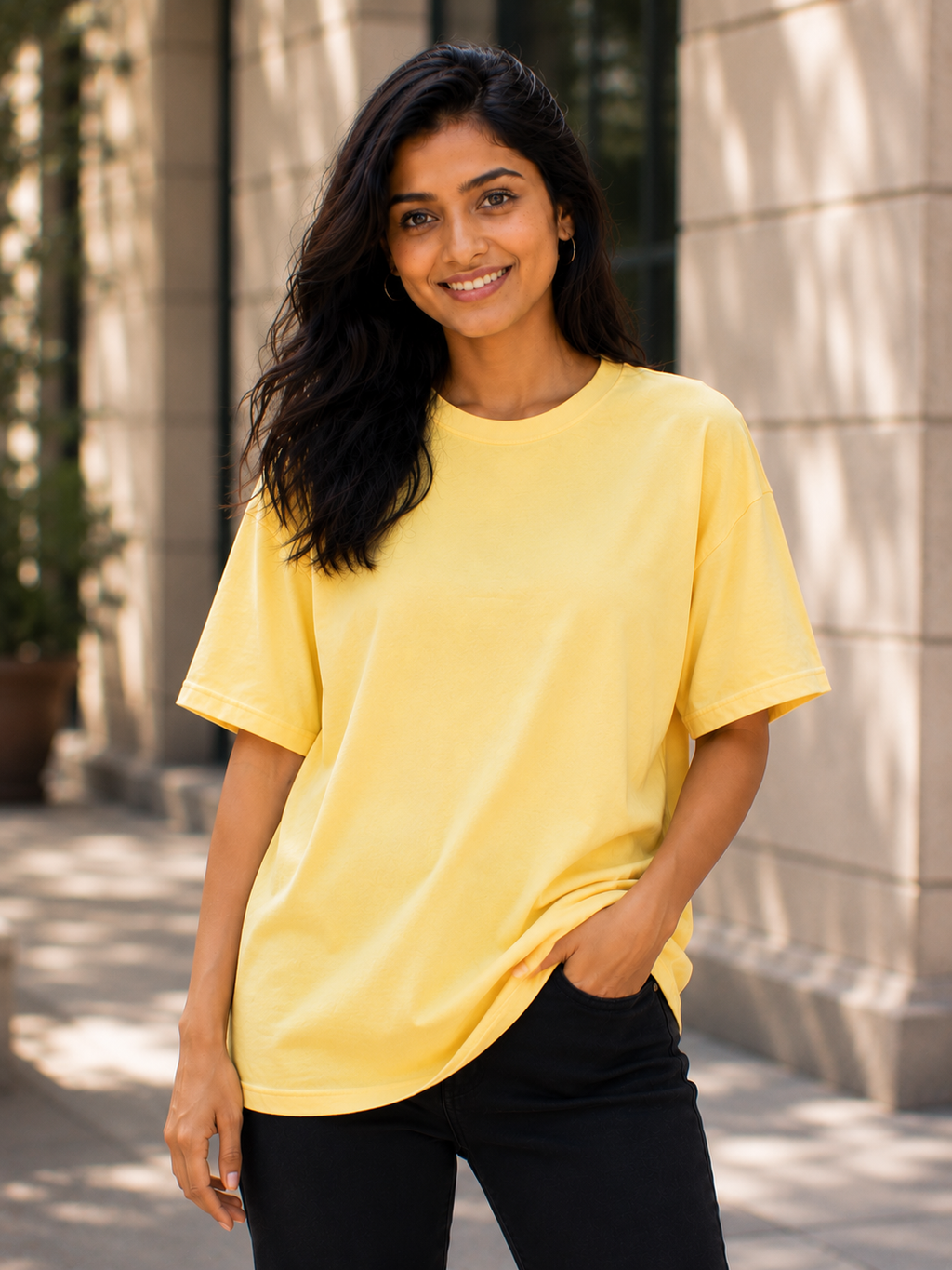 Plain Half Neck T-Shirt for Women with Yellow