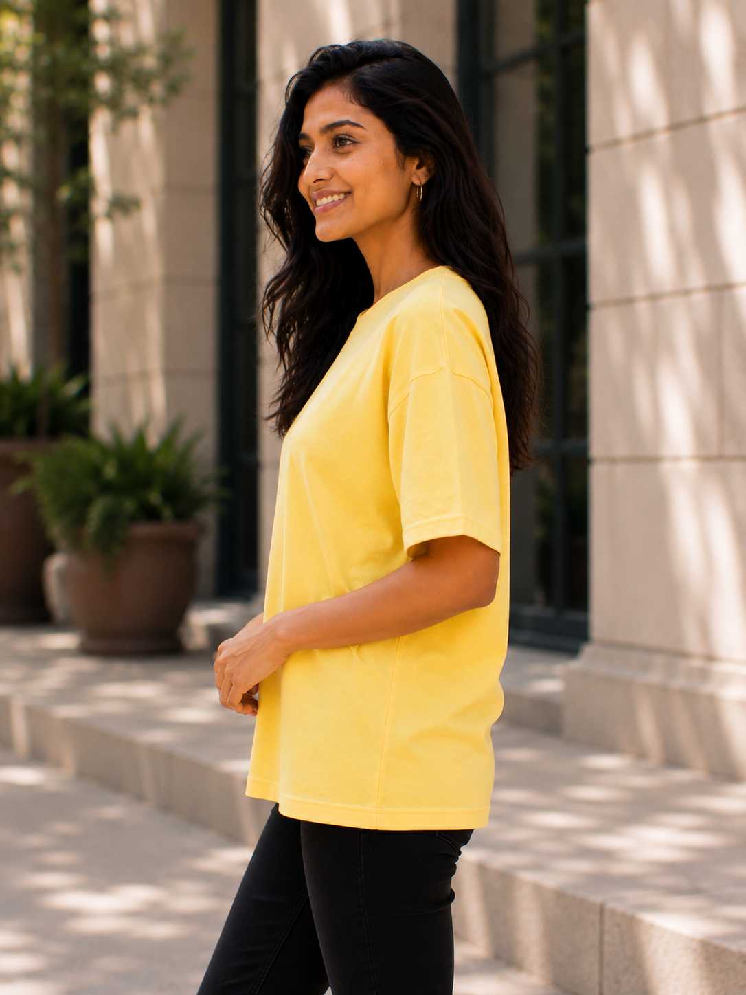 Plain Half Neck T-Shirt for Women with Yellow