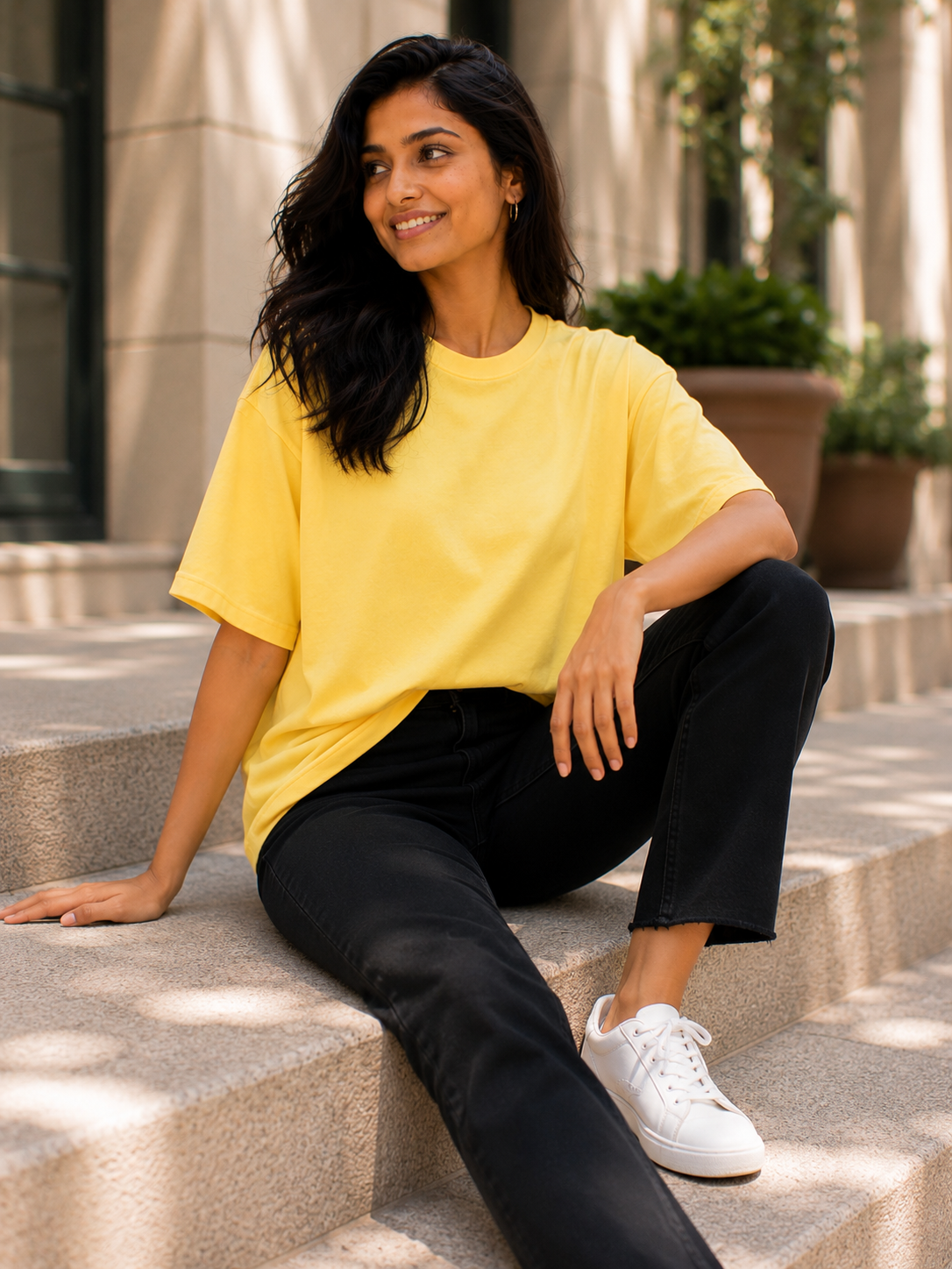 Plain Half Neck T-Shirt for Women with Yellow