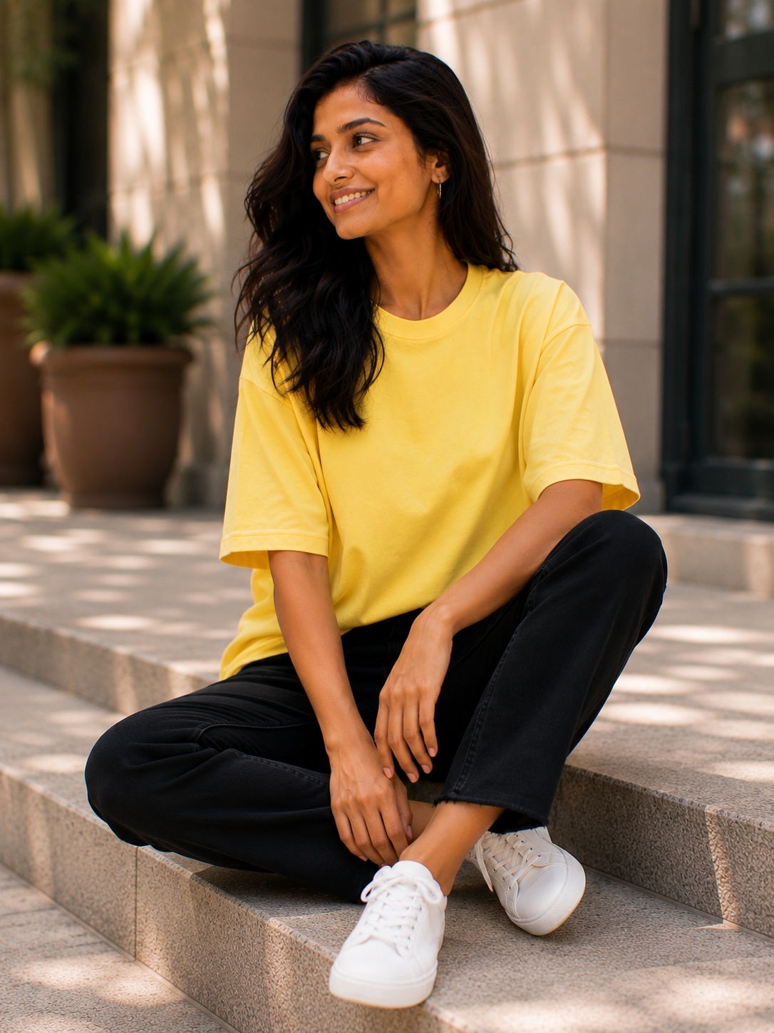 Plain Half Neck T-Shirt for Women with Yellow