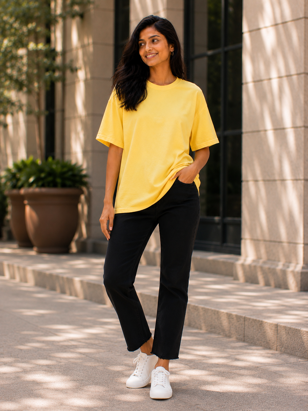Plain Half Neck T-Shirt for Women with Yellow