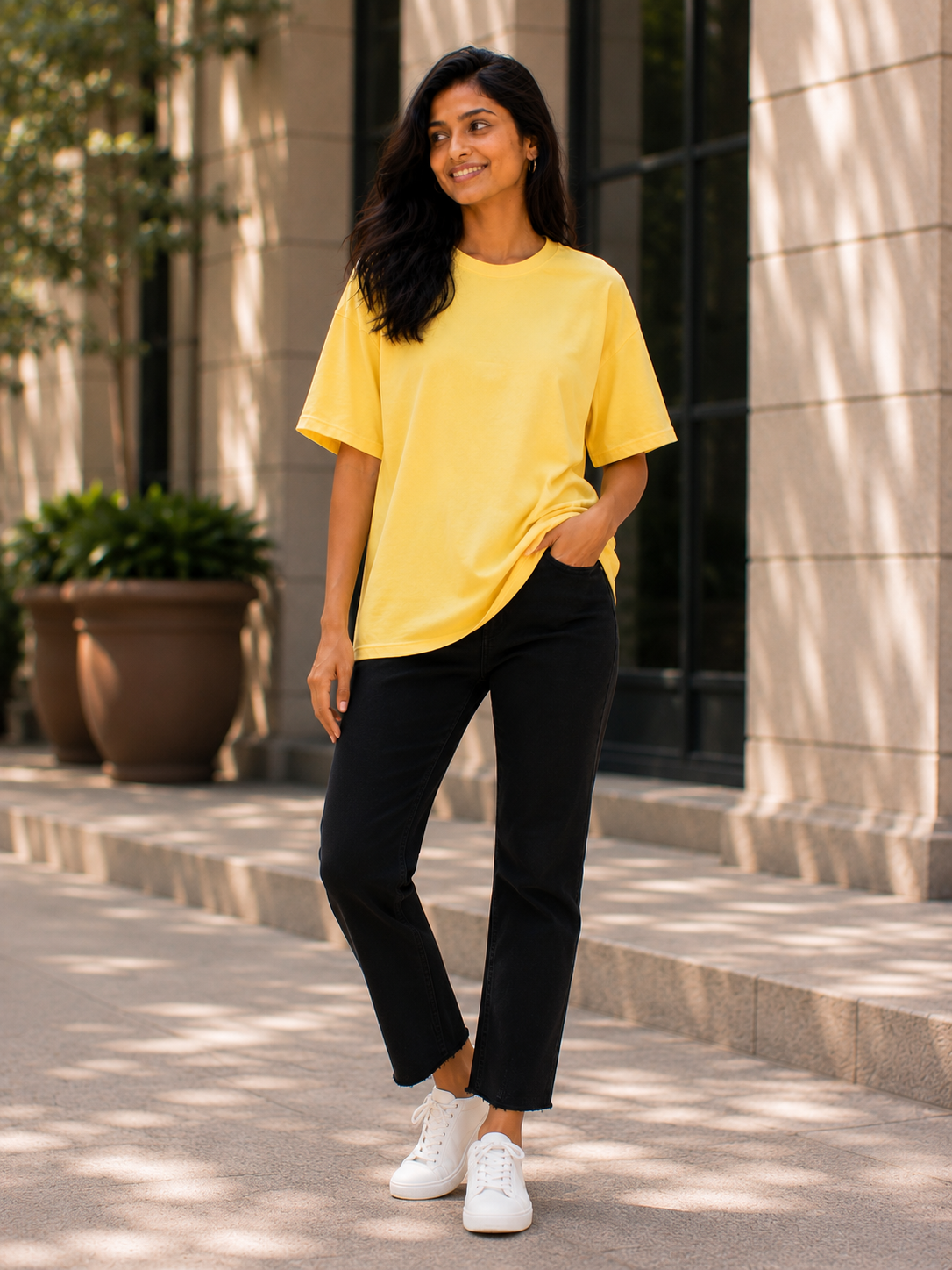 Plain Half Neck T-Shirt for Women with Yellow